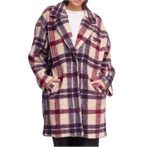 Blank NYC Go Ahead Teddy Red Cream Plaid Oversized Wool Blend Button Jacket Coat - Picture 2 of 11
